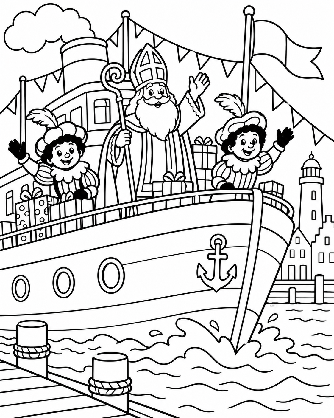 Gratis Pakjesboot in de haven kleurplaat voor Sinterklaas om te printen