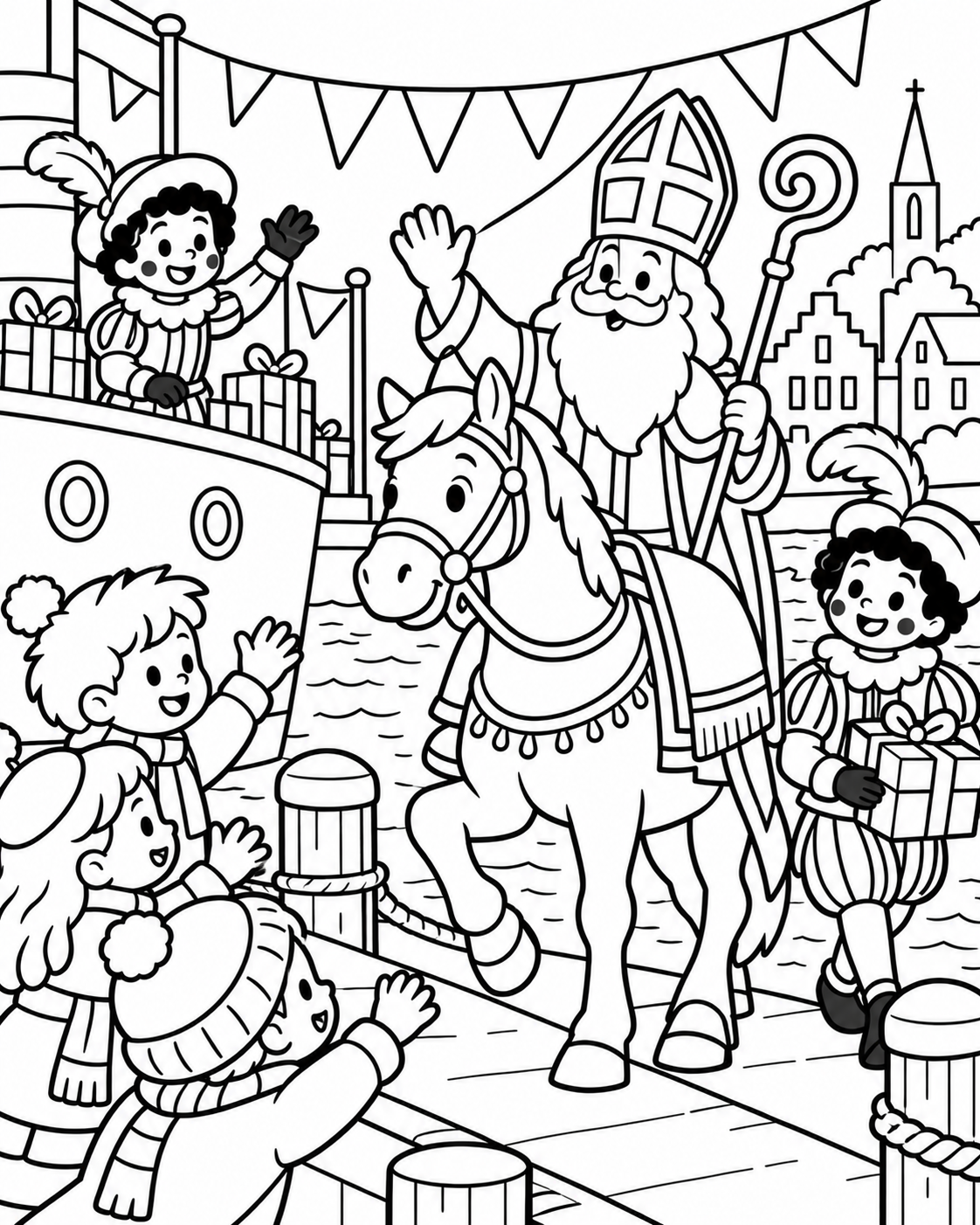 Gratis Sinterklaas en Ozosnel bij de intocht kleurplaat voor Sinterklaas om te printen
