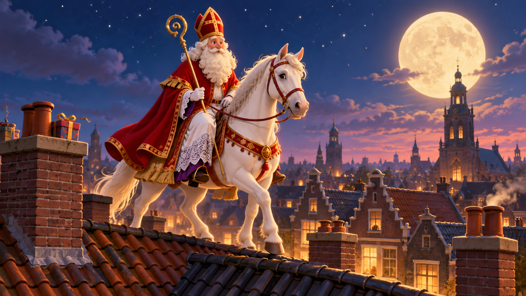 Sinterklaas en Ozosnel boven de Nederlandse daken