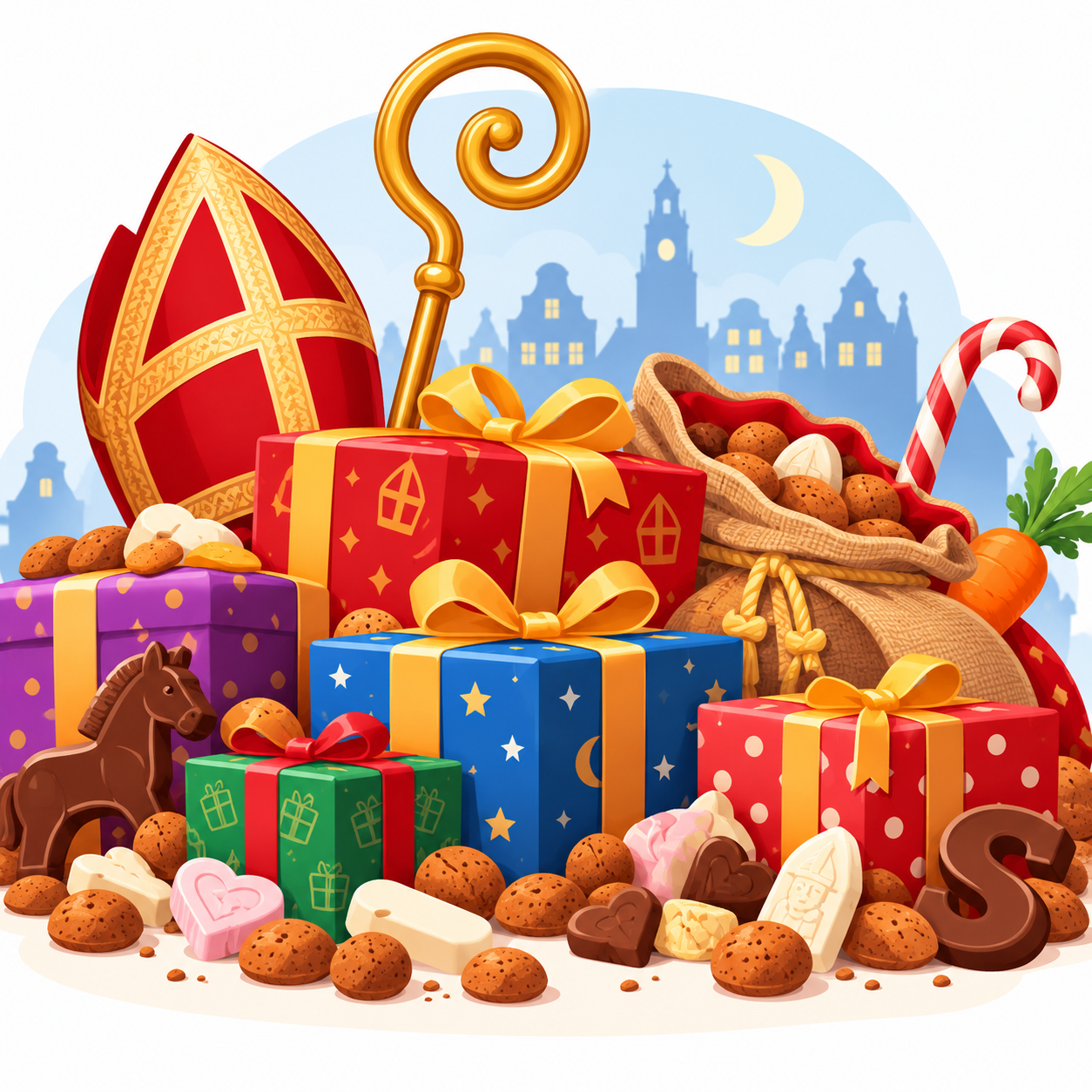 Mijter, staf, cadeaus en pepernoten